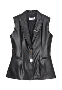 Blazer senza maniche in pelle sintetica nera con design sartoriale, bottoni frontali e due tasche laterali. Presenta un dettaglio lucido con logo sul risvolto.