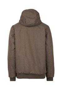 Braune Kapuzenjacke mit strukturierter Oberfläche, elastischen Bündchen und einem Taillenbund. Sie verfügt über ein schlichtes Design ohne zusätzliche Verzierungen.