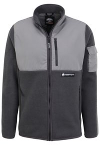 Grijze en donkergrijze fleecejas met opstaande kraag, ritssluiting aan de voorkant, zijzakken en een met rits afsluitbare borstzak; voorzien van een logo op de borst.