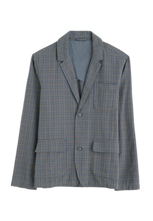 Blazer de cuadros azules y marrones, hecho de una tela ligera, con dos bolsillos frontales, cierre de un solo botón y solapas con muescas.