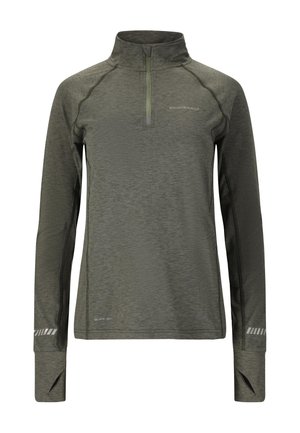 Pull-over de sport à manches longues vert foncé avec fermeture éclair quart de zip, passants pour les pouces aux poignets et bandes réfléchissantes sur les manches.