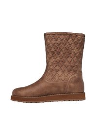 Botas de tobillo acolchadas marrones con un acabado texturizado, punta redondeada y suela de goma plana. Interior forrado para mayor comodidad.