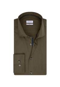 Olijfgroen slim-fit-shirt met een spread collar, blauwe patrooninterieurafwerking en grijze knopen op een manchetknoop.