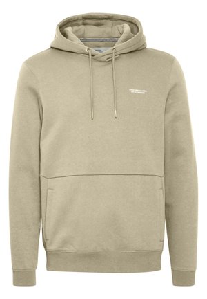 Hættetrøje i lys beige stof med en frontlomme, snore og diskret branding på brystet. Ribbet manchetter og kant.