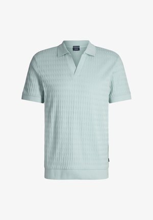 Lichtblauw polohemd met korte mouwen en een gestructureerd patroon, een V-halskraag en effen kleur manchetten en zoom. Gemaakt van een ademende stof.