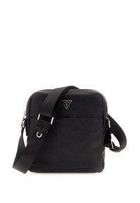 Bolsa cruzada negra hecha de material sintético texturizado. Presenta una correa ajustable y un logotipo triangular en la parte frontal. Forma cuadrada.