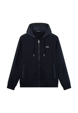 Zwarte hoodie met rits, capuchon met trekkoord, lange mouwen, zijzakken en een klein rechthoekig logo op de linkerborst.