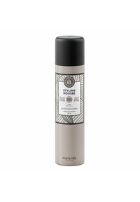 300 ml cylindrical styling mousse bottle in matte beige with a black cap and white label featuring a leaf pattern and product information.