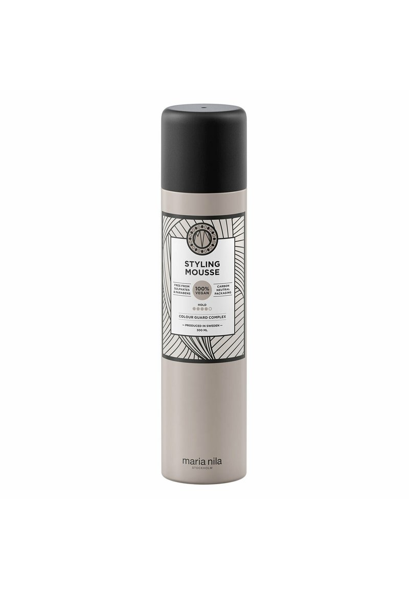 300 ml cylindrical styling mousse bottle in matte beige with a black cap and white label featuring a leaf pattern and product information.