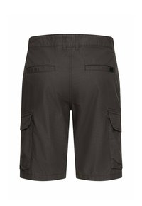 Mørkegrå cargoshorts med bæltestropper, to baglommer med kant og to sidelommer med klap.