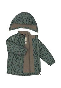 Grøn jakke med hætte, dekoreret med et bladmønster i mørke og lyse nuancer. Indersiden er foret med blødt beige stof.