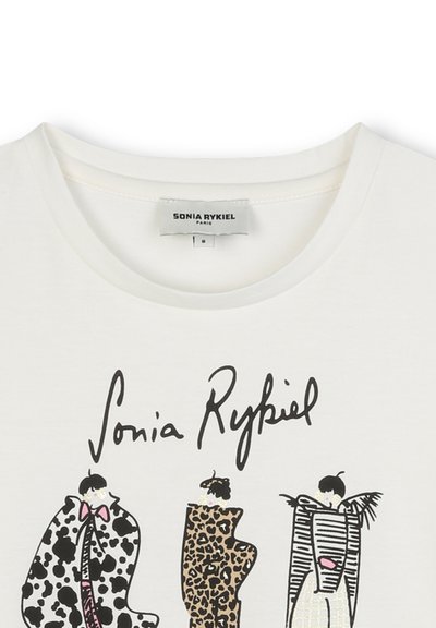 T-shirt in cotone bianco con design grafico nero che presenta tre figure stilizzate in stampa animale, accompagnato dal logo "Sonia Rykiel" in corsivo.