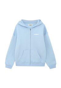 Sweat à capuche zippé bleu clair en tissu doux, avec une poche frontale, des poignets côtelés, un logo sur la poitrine et une capuche spacieuse.