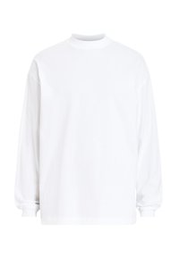 Weiße Langarm-T-Shirt mit Rundhalsausschnitt aus weicher Baumwollware. Verfügt über einen lässigen Schnitt und gerippte Bündchen für zusätzliche Textur. Keine Muster oder Grafiken.