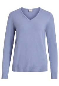 Jasnoniebieski sweter typu v-neck z miękkiego dzianiny, posiadający długie rękawy oraz prążkowane mankiety i dół, co dodaje faktury i struktury.