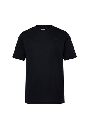 T-shirt noir à manches courtes en tissu doux. Il possède un col rond et un logo discret imprimé en noir mat sur la poitrine.