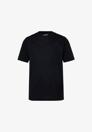 T-shirt noir à manches courtes en tissu doux. Il possède un col rond et un logo discret imprimé en noir mat sur la poitrine.
