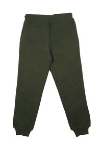 Pantaloni della tuta verde oliva realizzati in tessuto morbido, caratterizzati da un design a gamba affusolata, vita elastica e polsini a coste, privi di tasche.