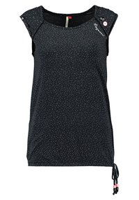 Svart ärmlös topp med vita och rosa prickar, rund halsringning, dekorativa knappar på axlarna och justerbara sido band med pärlor.