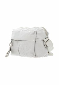 Sac bandoulière texturé gris clair avec compartiment principal zippé, poche avant, sangle réglable et tirette de fermeture éclair ronde.