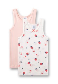 Two tank tops: one solid light pink and one white with a strawberry pattern in red and blue. Both feature round necklines and thin straps.