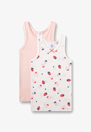 Two tank tops: one solid light pink and one white with a strawberry pattern in red and blue. Both feature round necklines and thin straps.