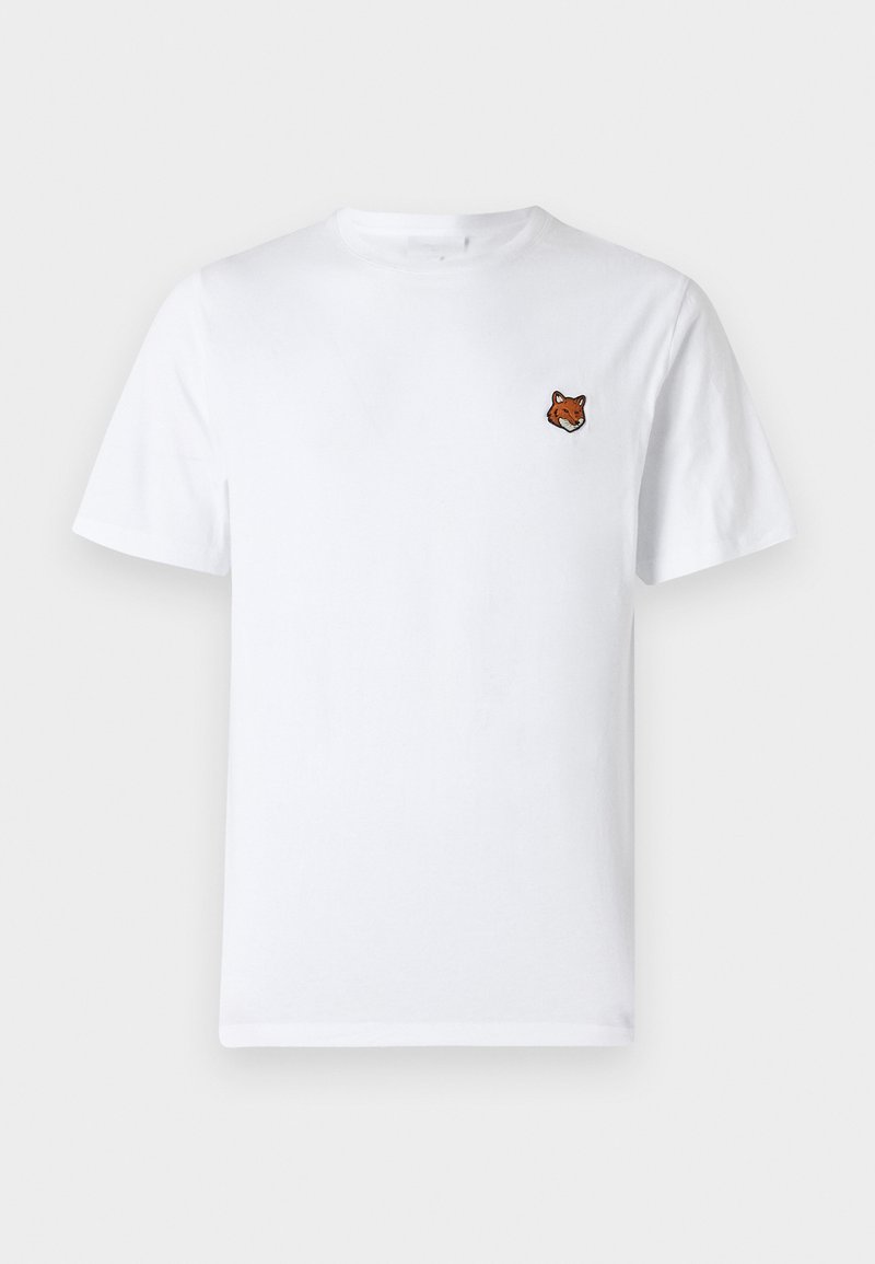 T-shirt bianco in cotone a maniche corte con un piccolo design di volpe ricamato sul lato sinistro del petto. Tessuto morbido, scollatura classica a girocollo.