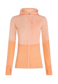 Veste légère à capuche dans un dégradé de tons pêche doux, dotée d'une fermeture éclair intégrale et d'ouvertures pour les pouces aux manches.