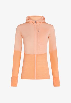 Lett hættejakke i en gradient af bløde fersken nuancer, udstyret med en fuldlængde frontlynlås og tommelhuller i ærmerne.