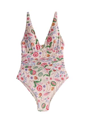 Costume intero con scollatura a V profonda e fantasia di fiori, frutta e fenicotteri in rosa, verde e viola su fondo chiaro.