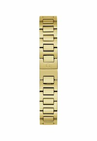Guldfärgad metallarmband med rektangulära länkar, sömlös design, blästrad yta, gravyrlogotyp på en länk, utan några ytterligare utsmyckningar.