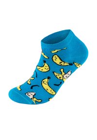 Blå ankelstrømpe med et legende bananmønster i gul og sort, lavet af blødt stof med forstærket tå og hæl.