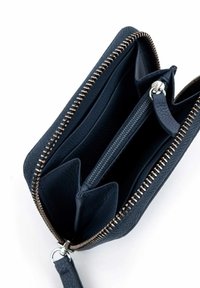 Navy blue zippered wallet with multiple compartments, including a central zippered pocket and card slots inside.