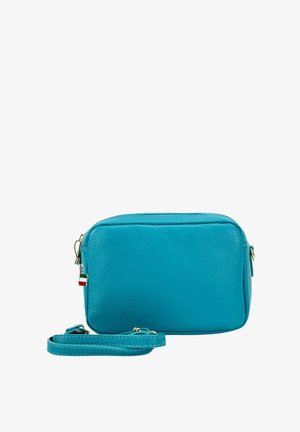 Turquoise leather crossbody bag with a rectangular shape, gold hardware, and an adjustable strap. Includes a decorative Italian flag accent.