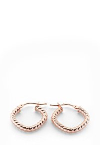Rose gold twisted hoop earrings featuring a textured design with a polished finish and a secure clasp.