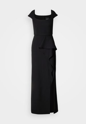 Black evening gown with a square neckline, cap sleeves, and a cascading ruffle detail on the skirt. Made of smooth, structured fabric.