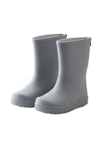 Gray rubber boots with a smooth surface, low-cut design, textured interior, and ridged sole for grip. Features a looped pull tab at the back.