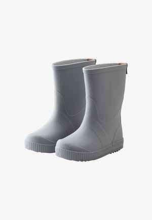 Graue Gummistiefel mit glatter Oberfläche, niedrigem Schnitt, strukturiertem Innenleben und geriffelter Sohle für besseren Grip. Mit einer Schlaufe hinten zum leichteren Anziehen.