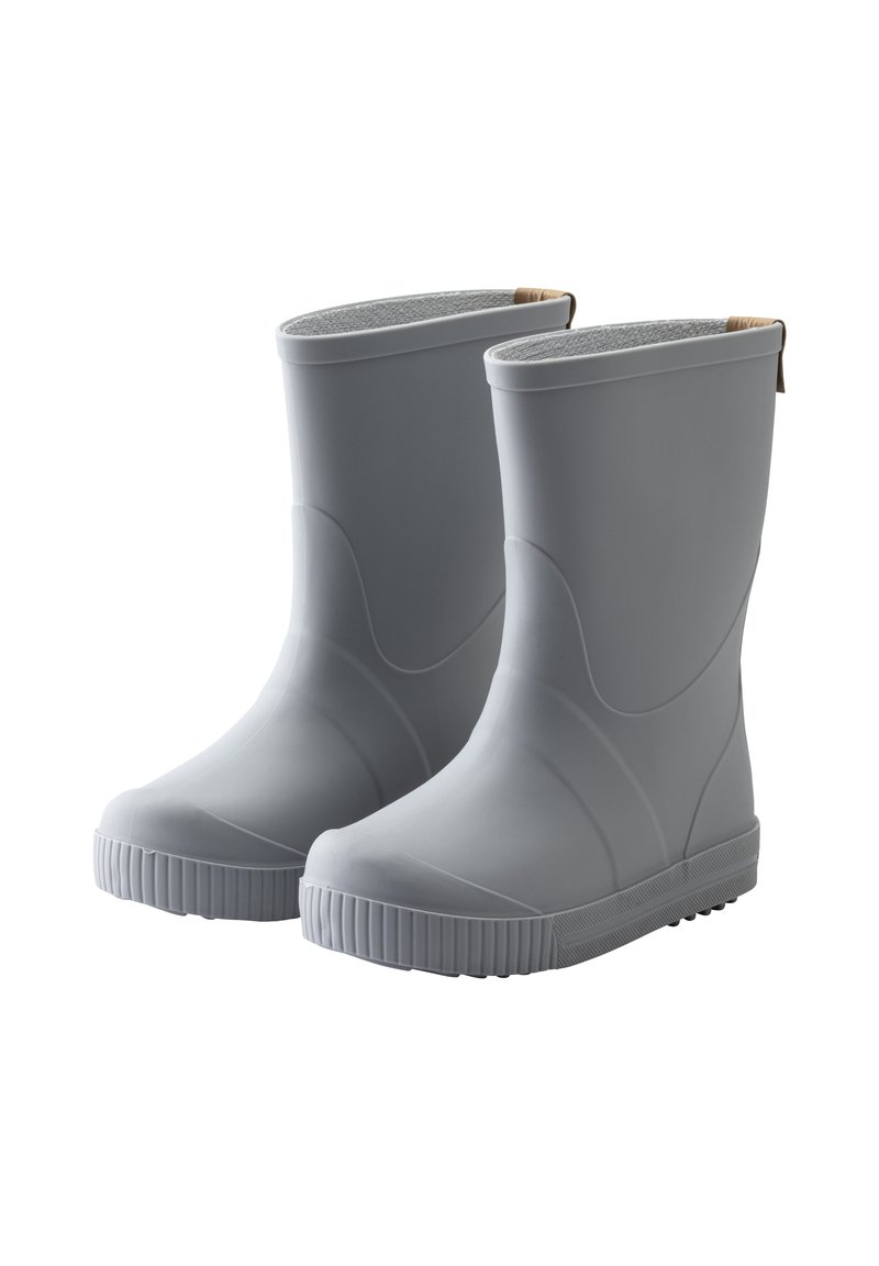 Gray rubber boots with a smooth surface, low-cut design, textured interior, and ridged sole for grip. Features a looped pull tab at the back.