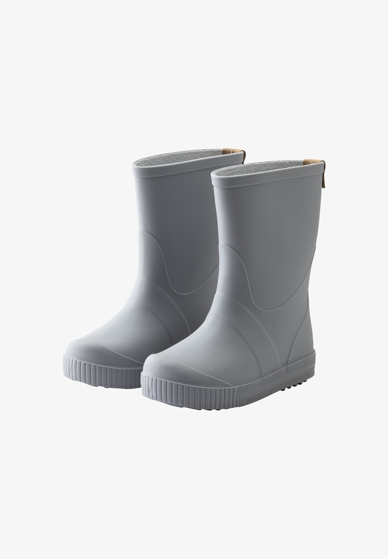 Graue Gummistiefel mit glatter Oberfläche, niedrigem Schnitt, strukturiertem Innenleben und geriffelter Sohle für besseren Grip. Mit einer Schlaufe hinten zum leichteren Anziehen.