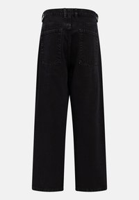 Black denim wide-leg jeans with a high waist, featuring back pockets and a minimalist design, made from sturdy, textured fabric.