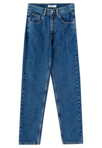 Blå denimjeans med hög midja, rak benform, femficksdesign, knäppning och blekt struktur.