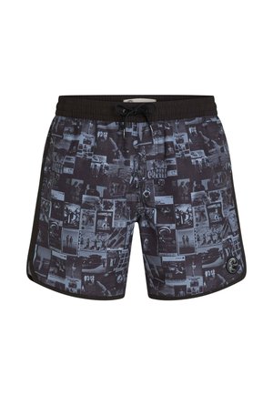 Pánské černo-šedé plavky s kolážovým potiskem starých fotografií, černým stahovacím páskem v pase a lemem u nohavic.