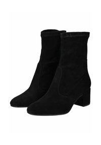 Stivaletti neri in suede con tacco a blocco, dotati di una tomaia aderente e una superficie liscia, progettati per una facile calzata con uno stile slip-on.