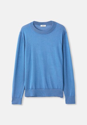 Blue crewneck sweater made of a soft, textured fabric. Features long sleeves and a ribbed hem, displayed against a white background.