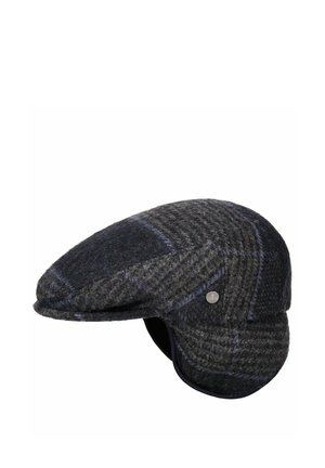 Dark gray wool flat cap with blue plaid pattern and ear flaps, metal brand tag on side, designed for cold weather.