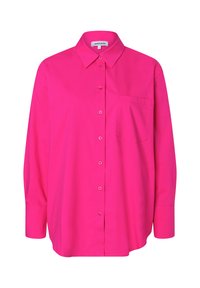 Bright pink long-sleeve shirt with a collar, button front, and single chest pocket. Made of smooth fabric with a loose fit.