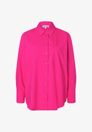 Bright pink long-sleeve shirt with a collar, button front, and single chest pocket. Made of smooth fabric with a loose fit.