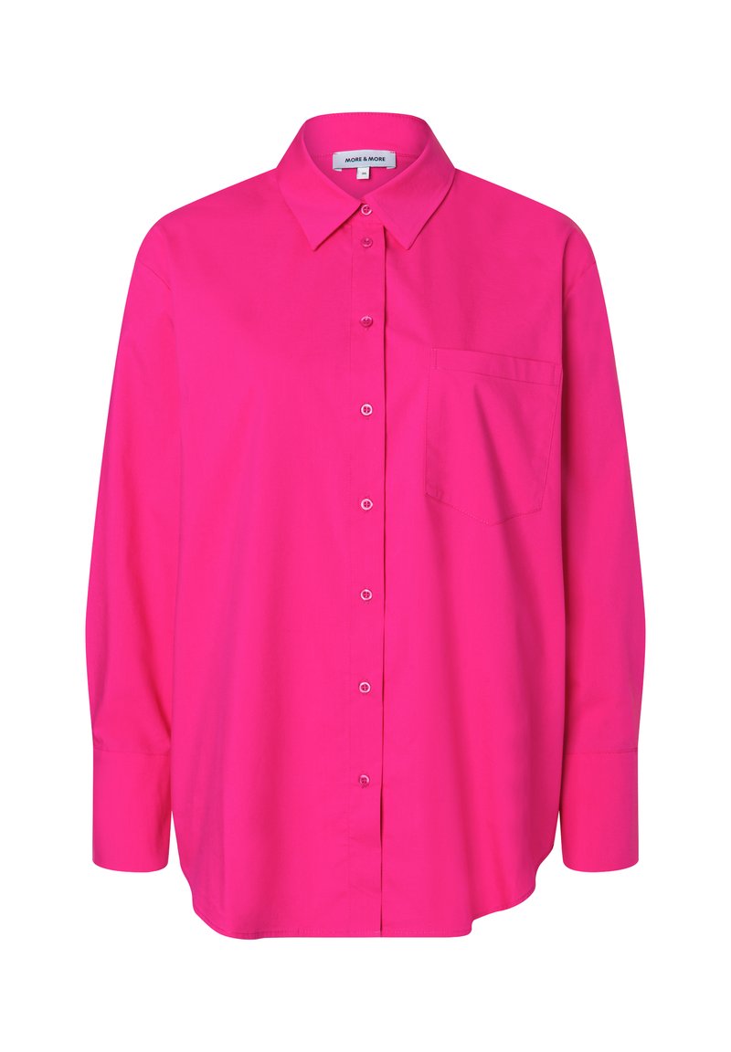 Bright pink long-sleeve shirt with a collar, button front, and single chest pocket. Made of smooth fabric with a loose fit.