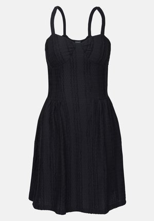 Musthave mustata kleit, millel on tekstuuriga kangas, hästi sobiv kord ja laienev seelik. Kiitel on õhukesed rihmad ja õrnad vertikaalsed jooned üle kogu.